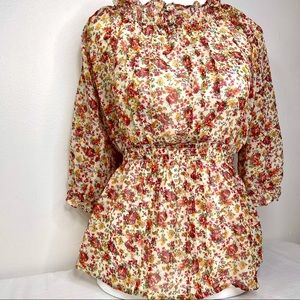 Pokie K Medium Floral Rouched multicolor Red Pink Orange Yellow Blouse